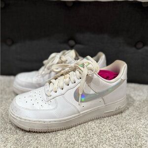 White Nike Air Force 1s (Holographic Swoosh)